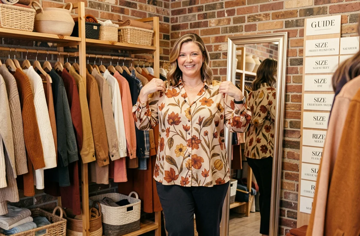 Boutique Grain de Malice à Compiègne proposant des vêtements féminins grande taille avec une cliente devant un miroir