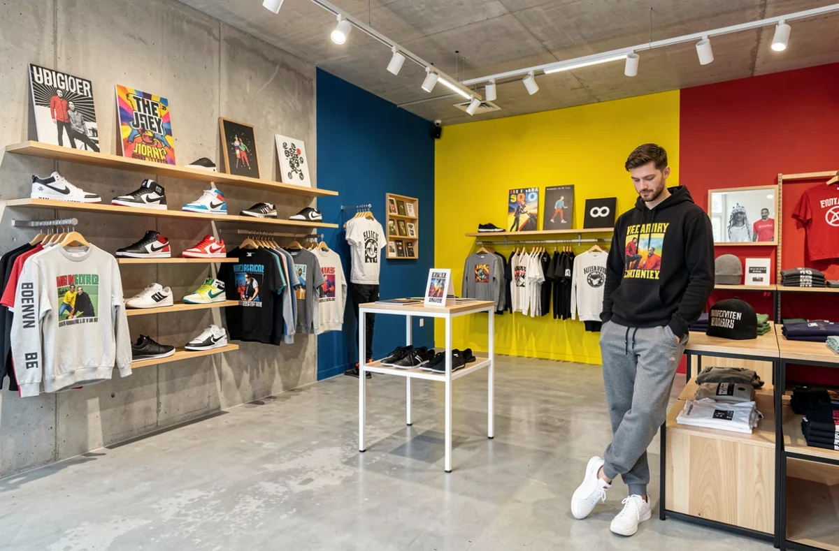 Concept store Grand Playground à Villeneuve-d'Ascq avec des sneakers en édition limitée sur des étagères murales et des vêtements streetwear dans un espace contemporain aux murs colorés
