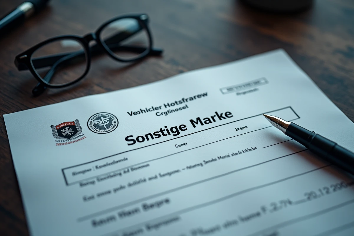 Gros plan d'un certificat d'immatriculation allemand affichant la mention sonstige marque posé sur un bureau en bois