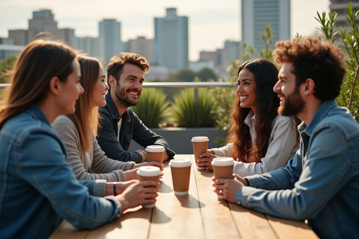 Groupe d amis autour d une table de rooftop avec cafe