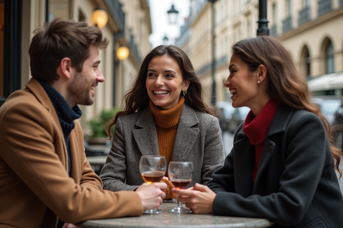 Groupe de jeunes adultes discutant dans un café parisien