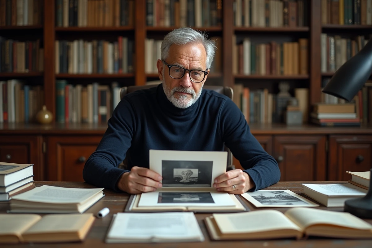 Historien de l'art analysant des photographies de Béatrice Vonderweidt dans son bureau de recherche