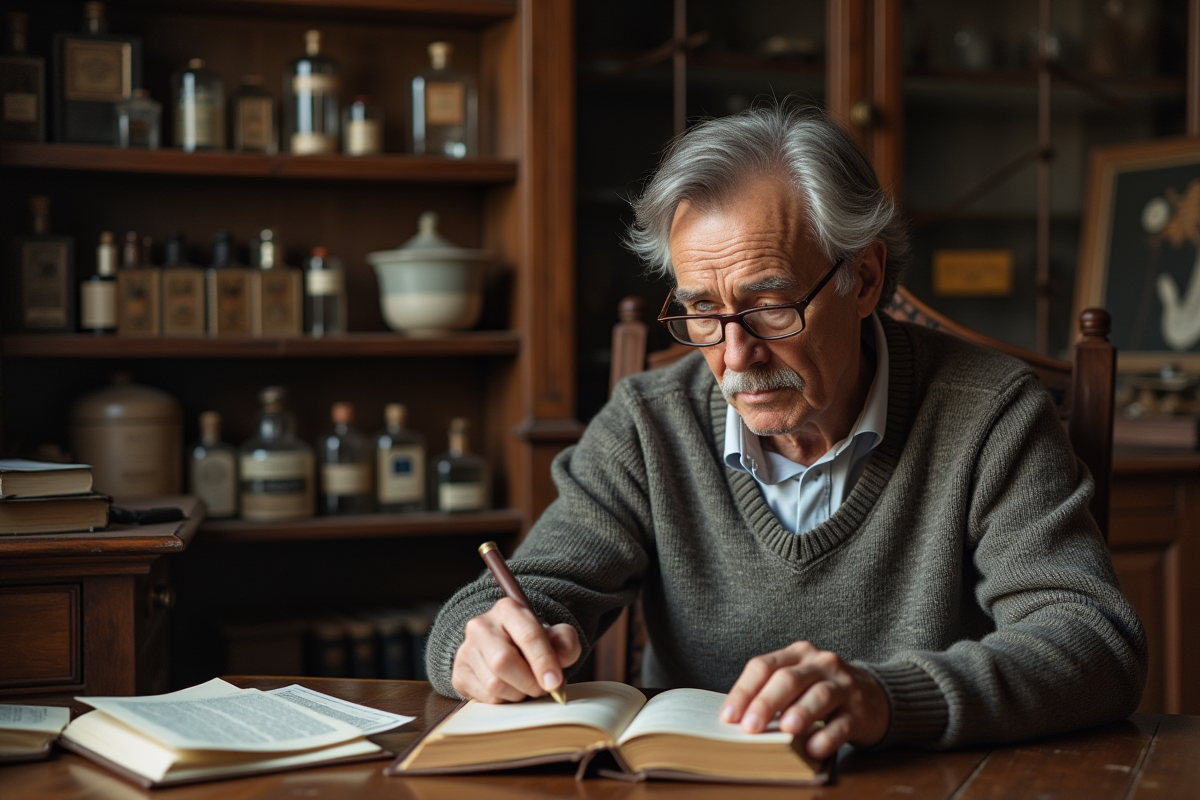 Historien âgé consulte un livre ancien de cosmétiques