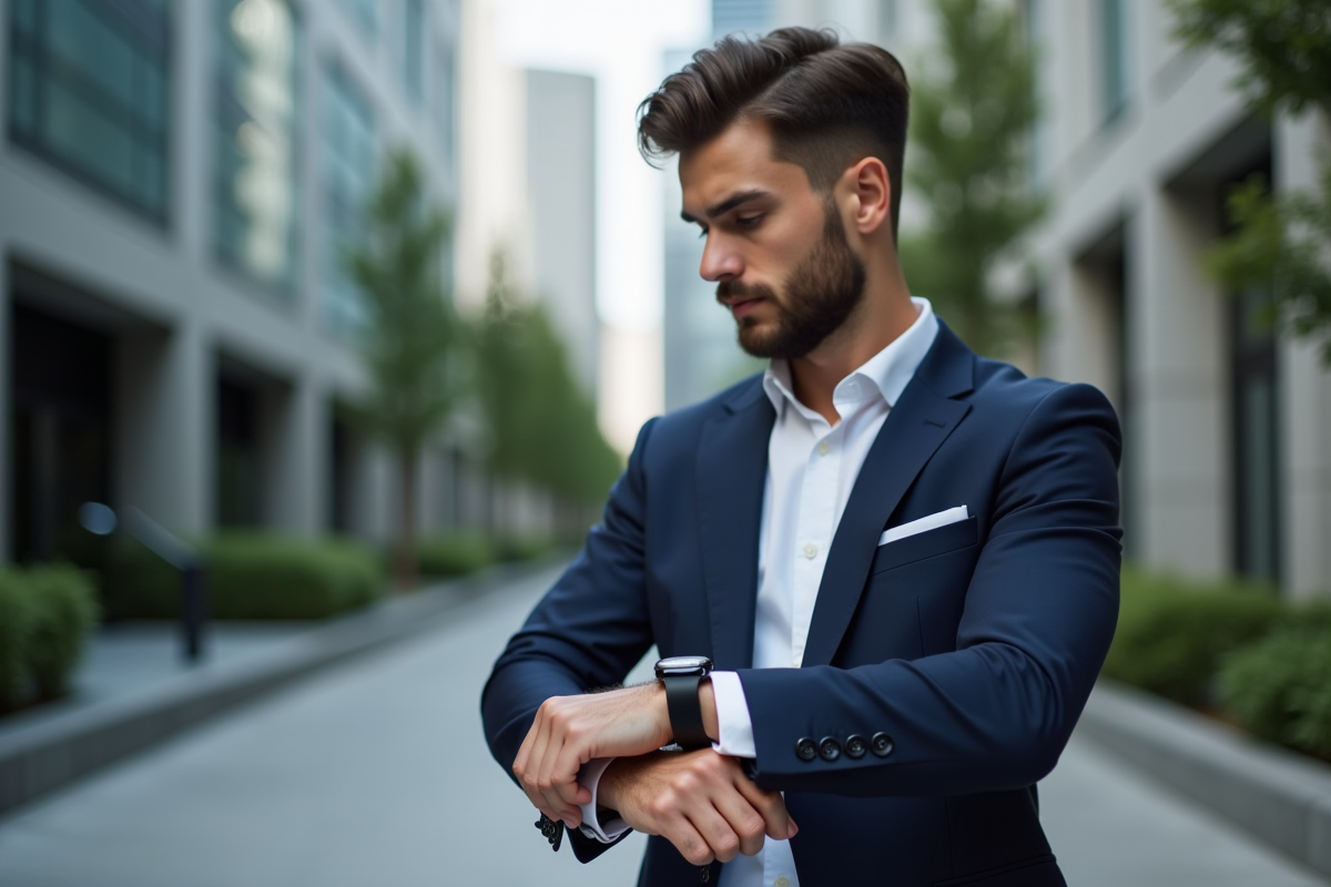 Homme professionnel ajustant sa montre en ville