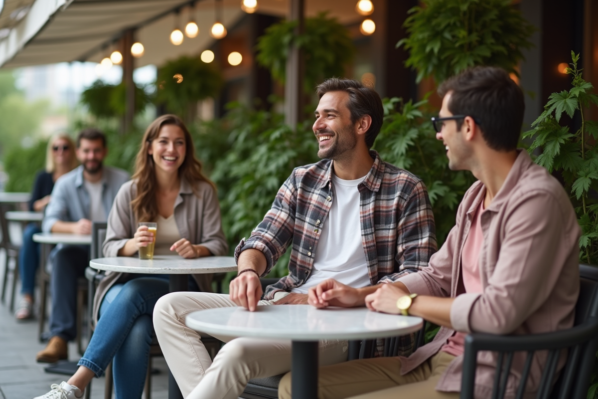 Homme confiant riant avec amis dans un café urbain
