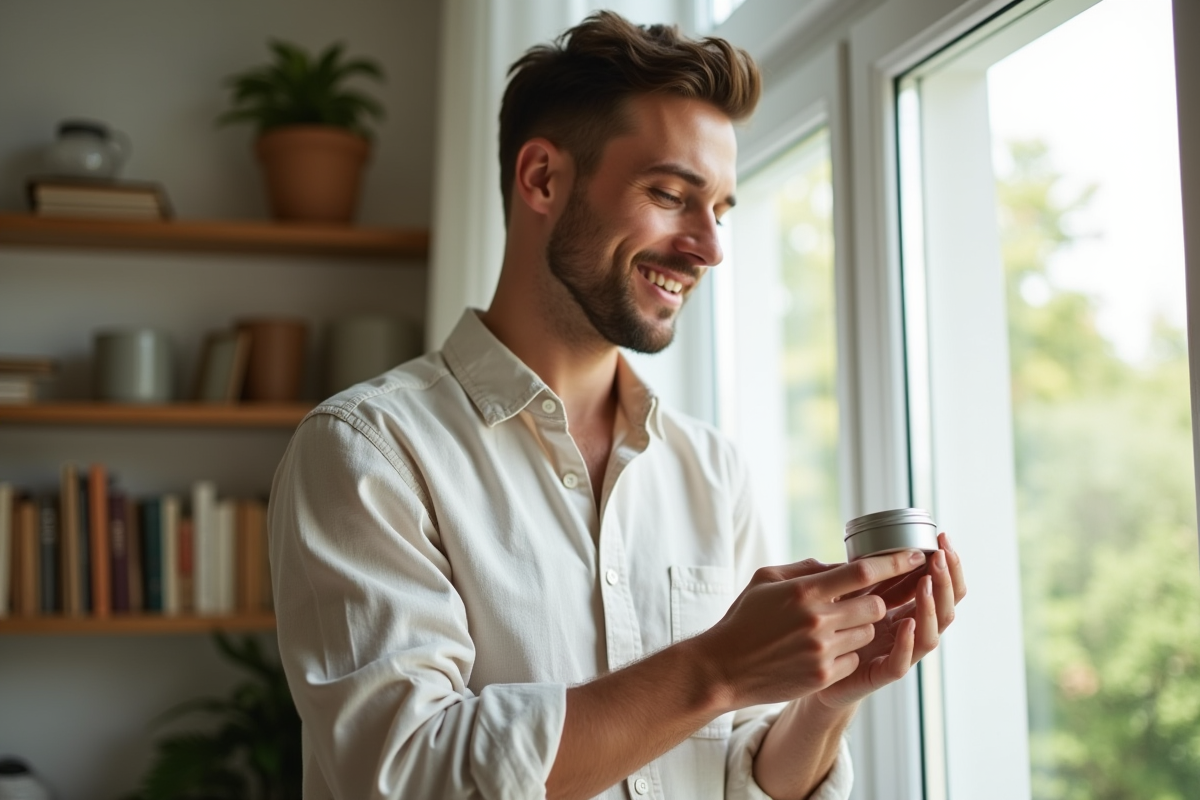 Homme appliquant un baume hydratant sur le bras
