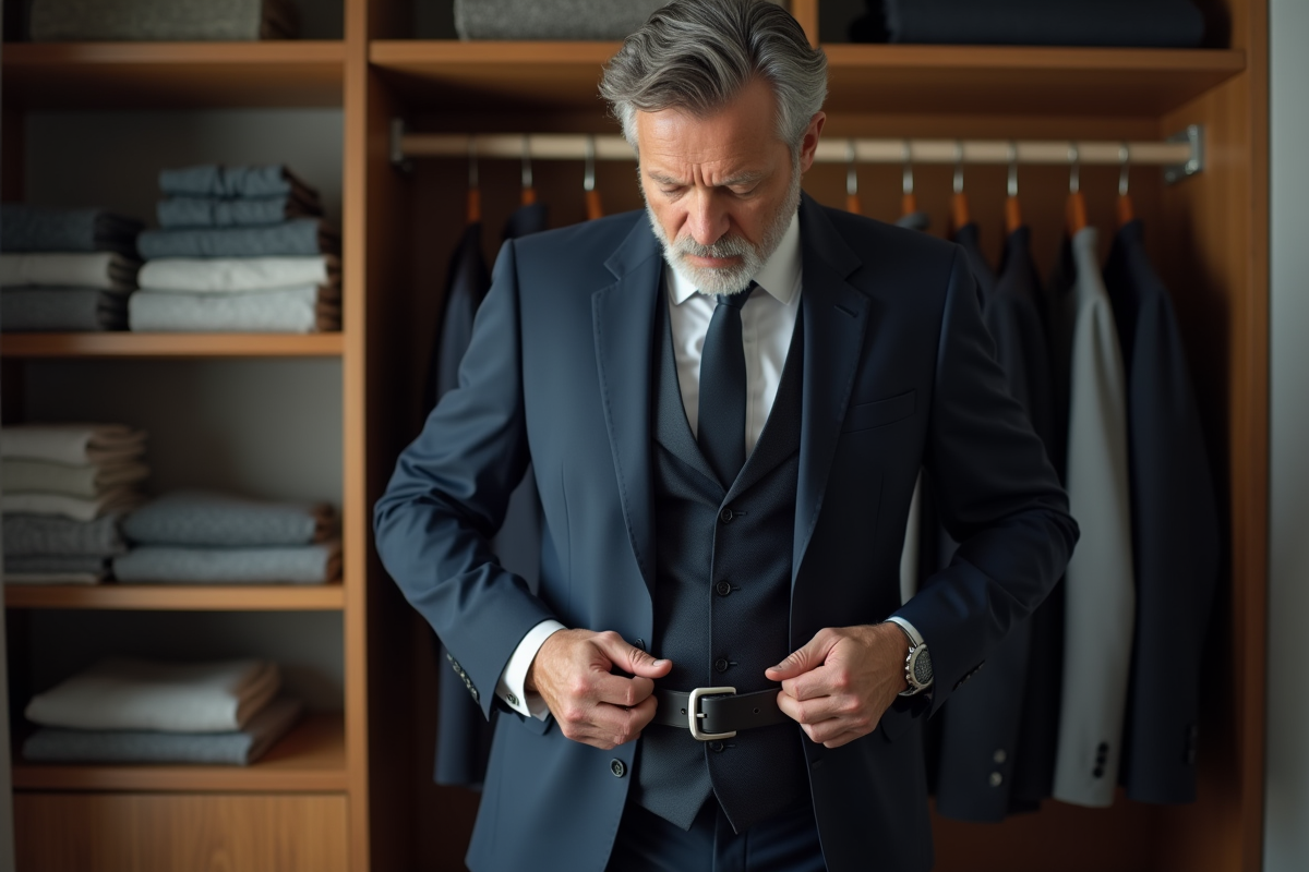 Homme en costume navy ajustant sa ceinture en cuir noir