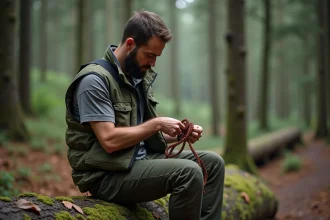 Homme barbu en forêt avec bracelet en paracord