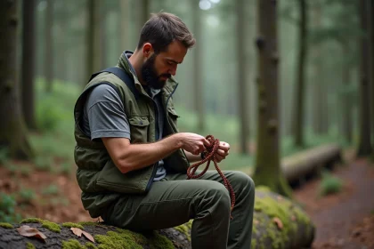 Homme barbu en for&ecirc;t avec bracelet en paracord