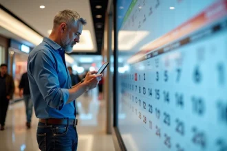 Homme d'âge moyen vérifiant dates dans un centre commercial