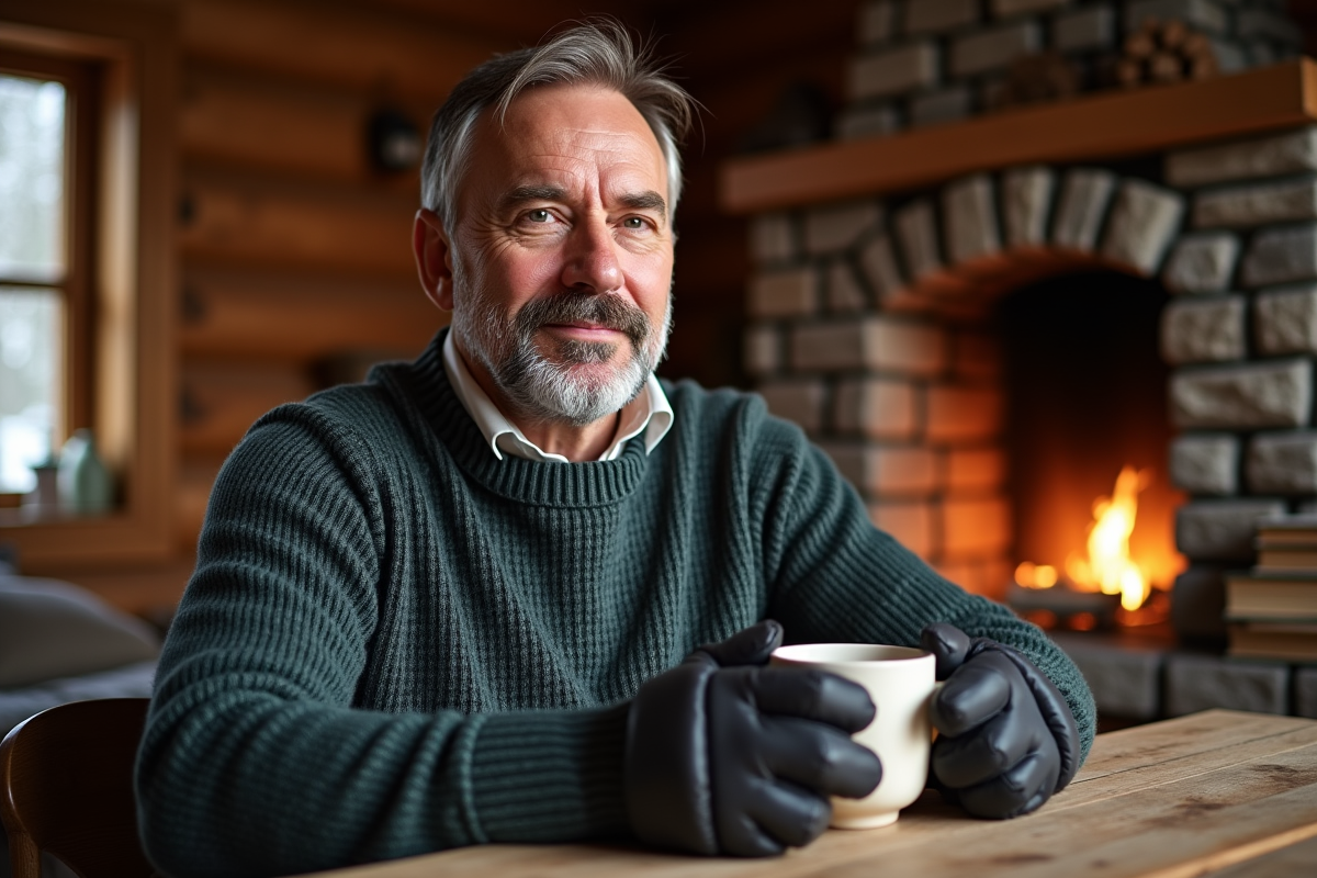 Homme en intérieur dans un chalet en bois