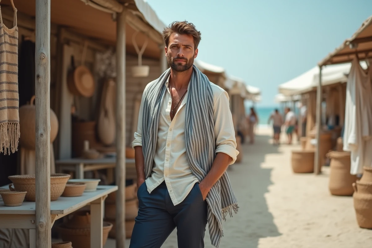 Homme avec un cheche rayé drapé sur les épaules en style bohème décontracté devant un marché côtier