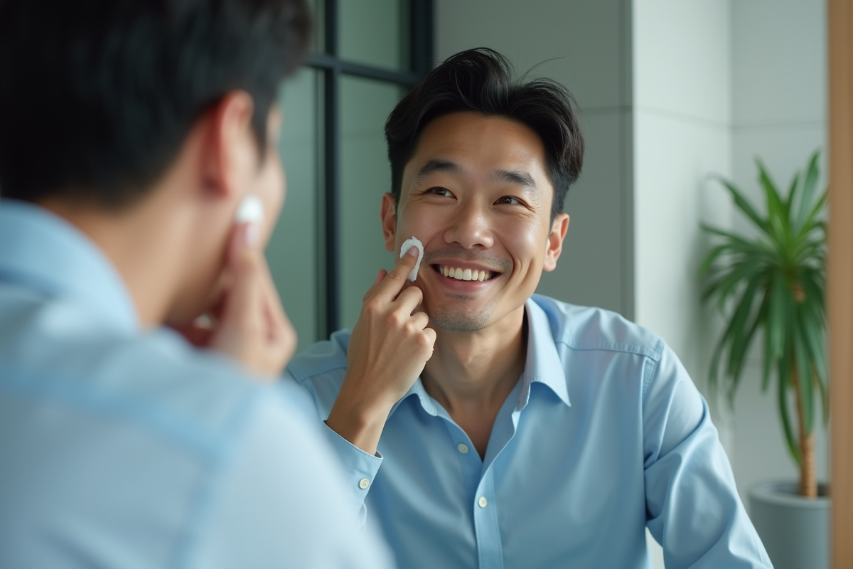 Homme coreen d age moyen appliquant une creme dans une salle de bain urbaine