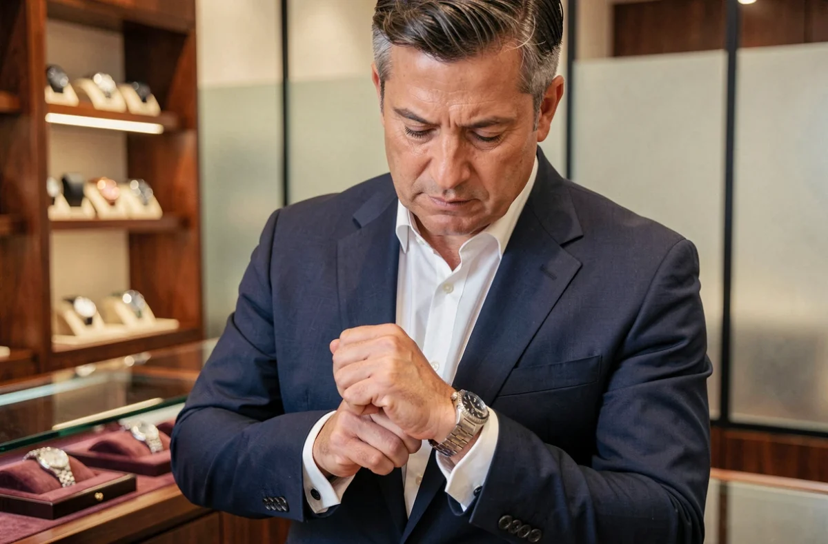 Homme élégant en costume marine examinant une montre de luxe dans une boutique horlogère haut de gamme