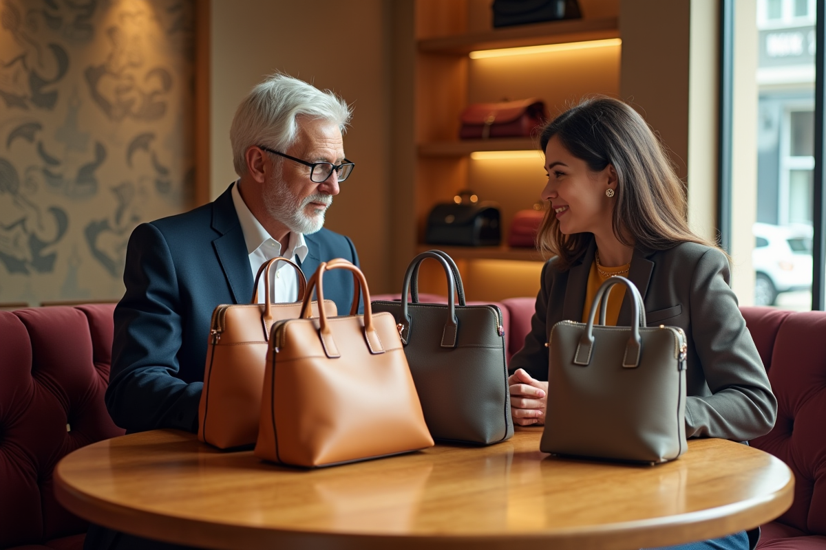 Homme et femme discutant de sacs dans une boutique chic