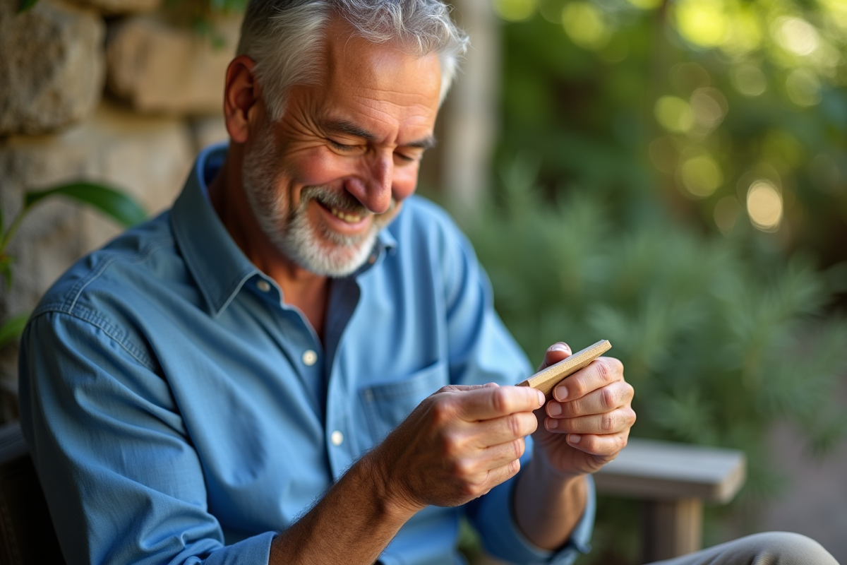 Homme se limant les ongles dans un jardin ensoleille