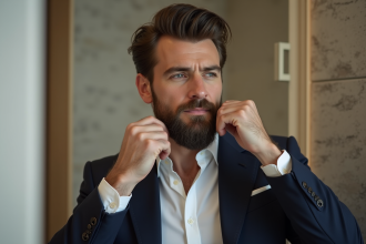 Homme en train de se raser dans un miroir moderne