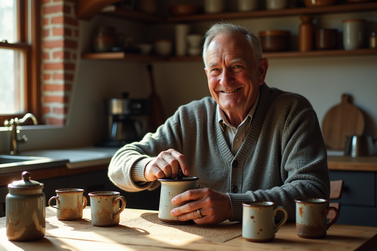 Homme âgé polissant un moulin à café dans une cuisine rustique