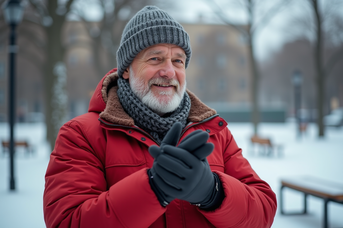 Homme en parka rouge ajustant ses gants dans un parc enneige