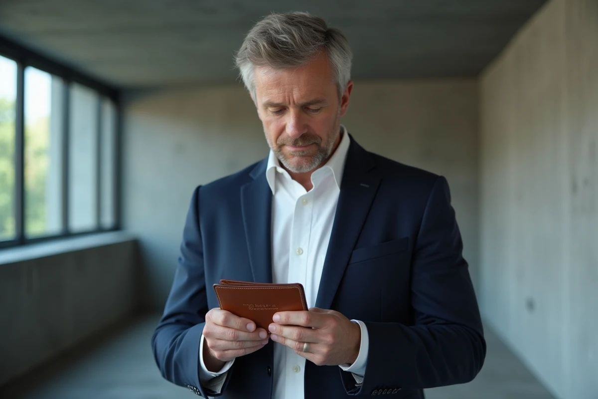 Homme d'affaires tenant un portefeuille en cuir personnalisé et inspectant la gravure sur mesure, illustrant le choix d'un portefeuille de qualité durable.