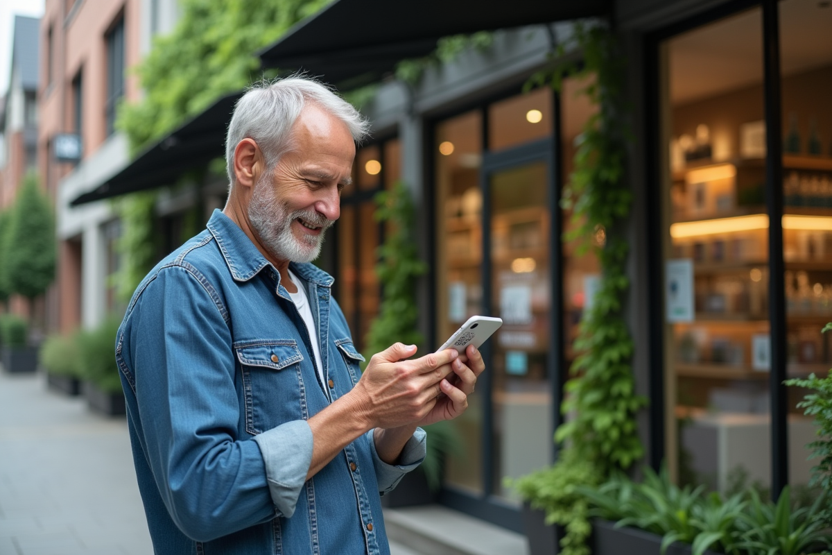 Homme scannant un QR code sur un produit écologique devant un magasin
