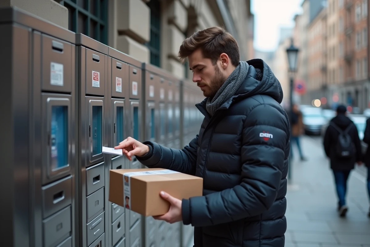 Homme scanne un locker de livraison en ville