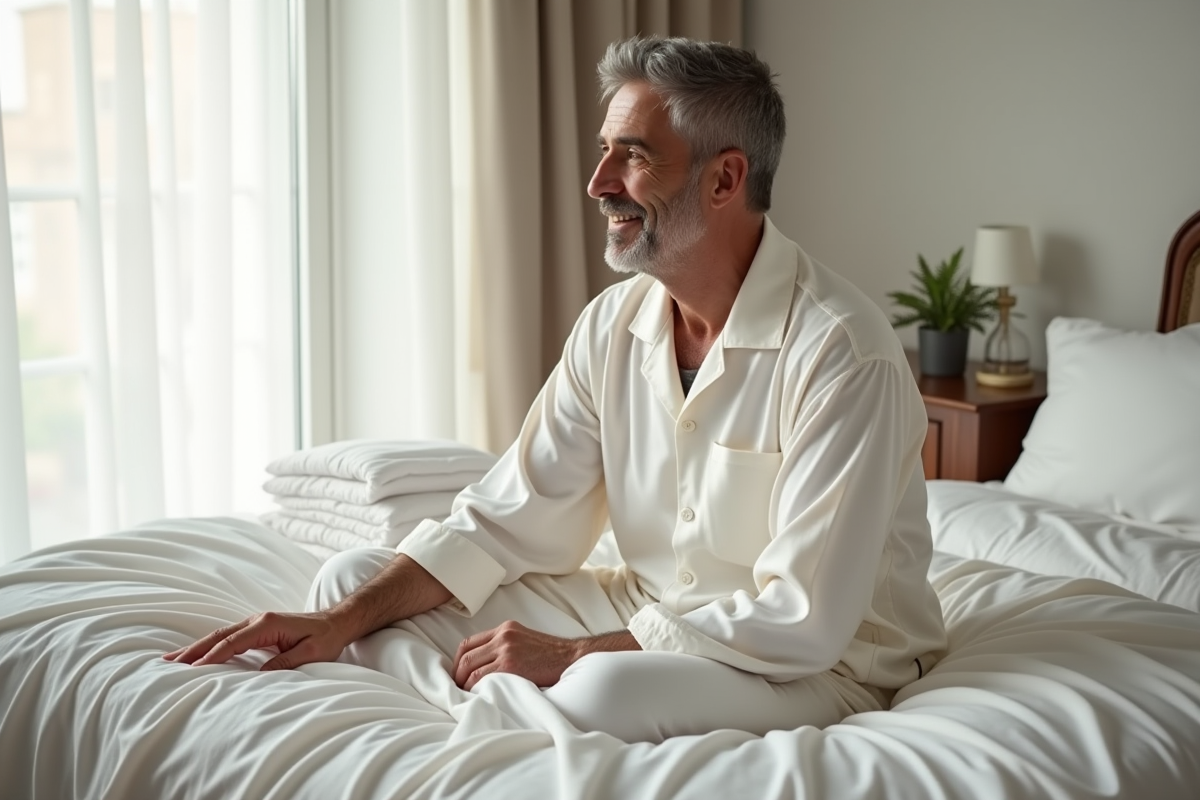 Homme en chemise de nuit en soie touchant la literie