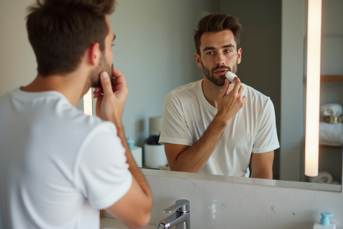 Homme appliquant creme visage dans la salle de bain moderne