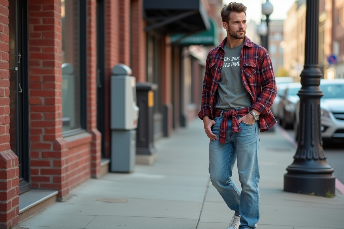 Homme en style 90s sur un trottoir urbain