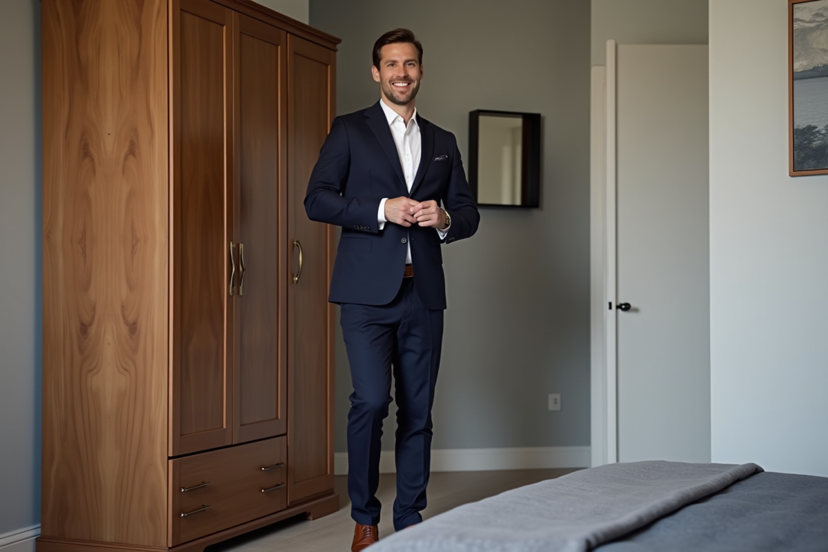 Homme élégant en veston bleu dans une chambre minimaliste