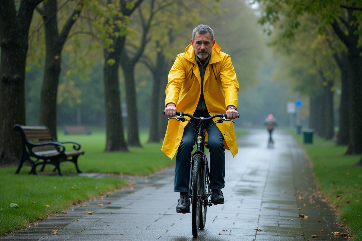 Homme en imper jaune à vélo dans un parc urbain humide