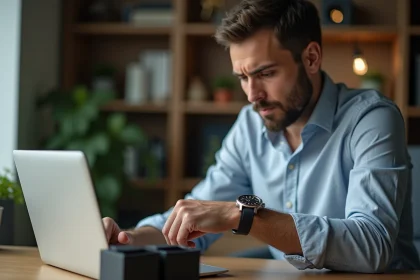 Jeune homme examinant une montre de luxe avec scepticisme