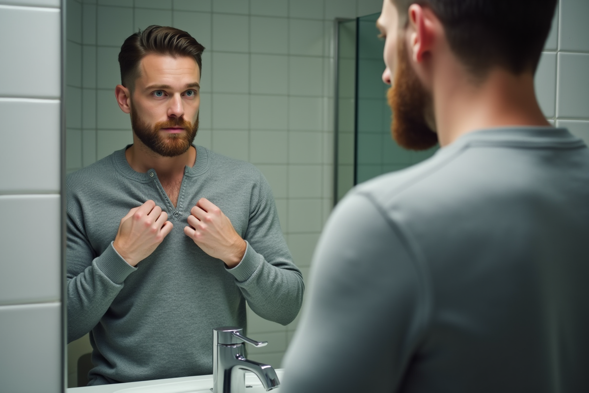 Homme vérifiant ses marques de fond de teint dans un miroir