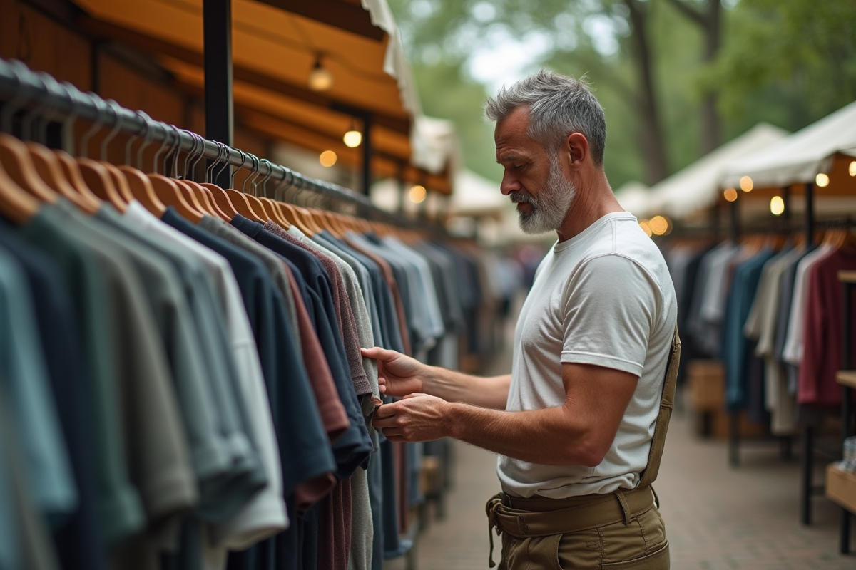 Homme examinant des chemises durables dans un marché en plein air