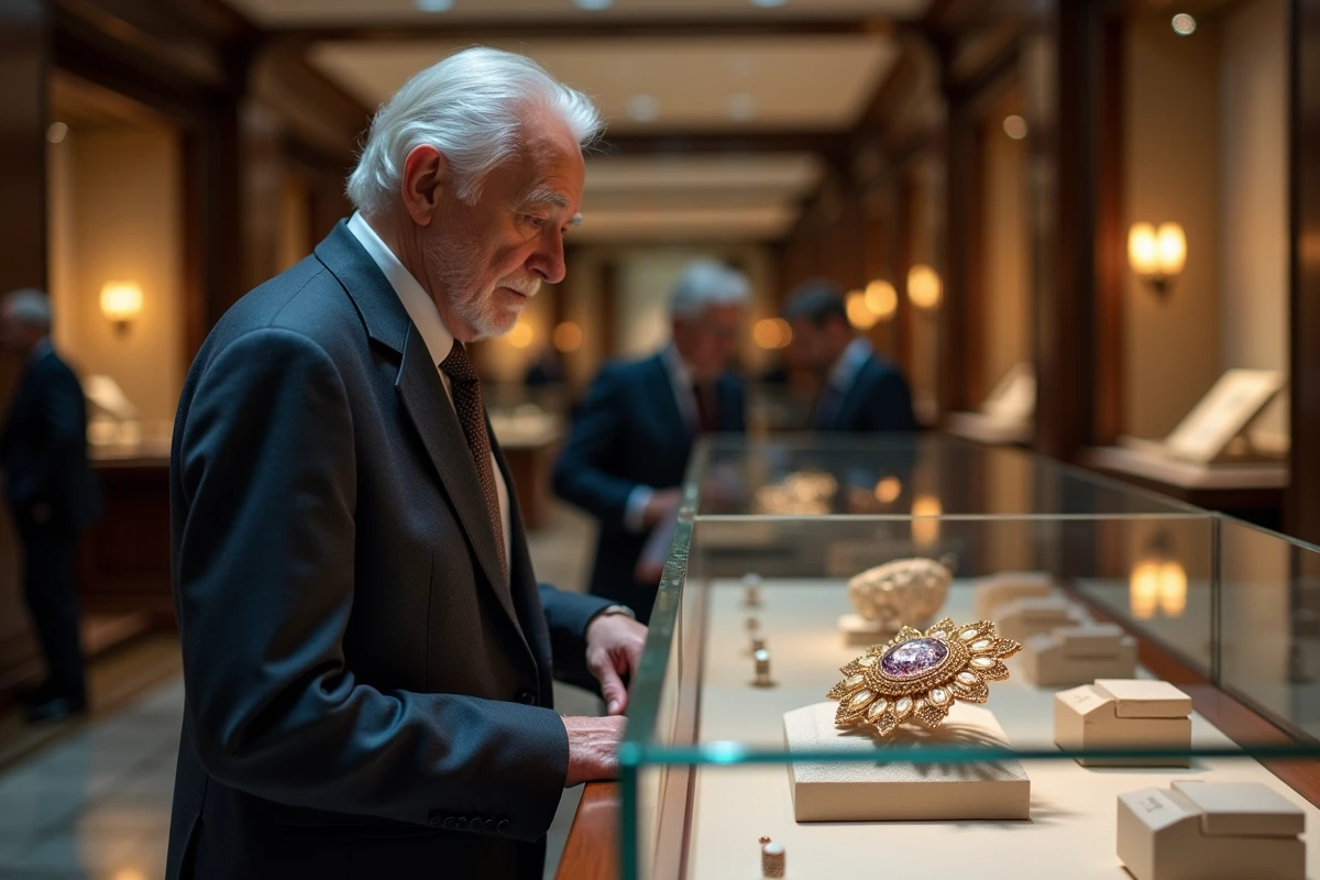 Homme âgé admirant une broche de bijoux raffinés