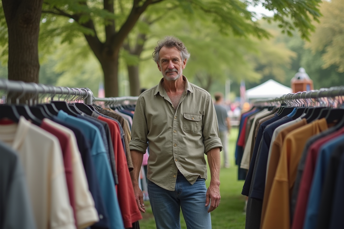 Homme selectionnant des vetements vintage lors d un echange en plein air