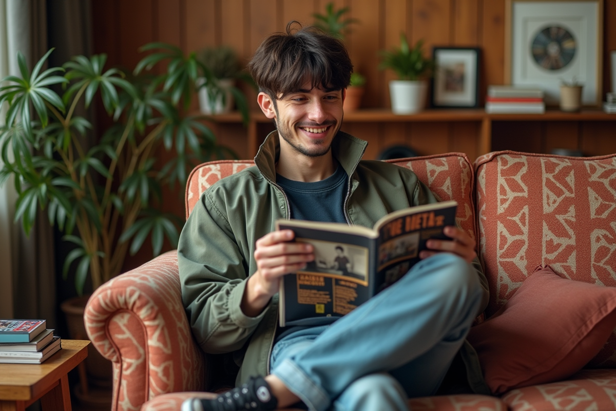 Homme assis dans un salon vintage avec magazine