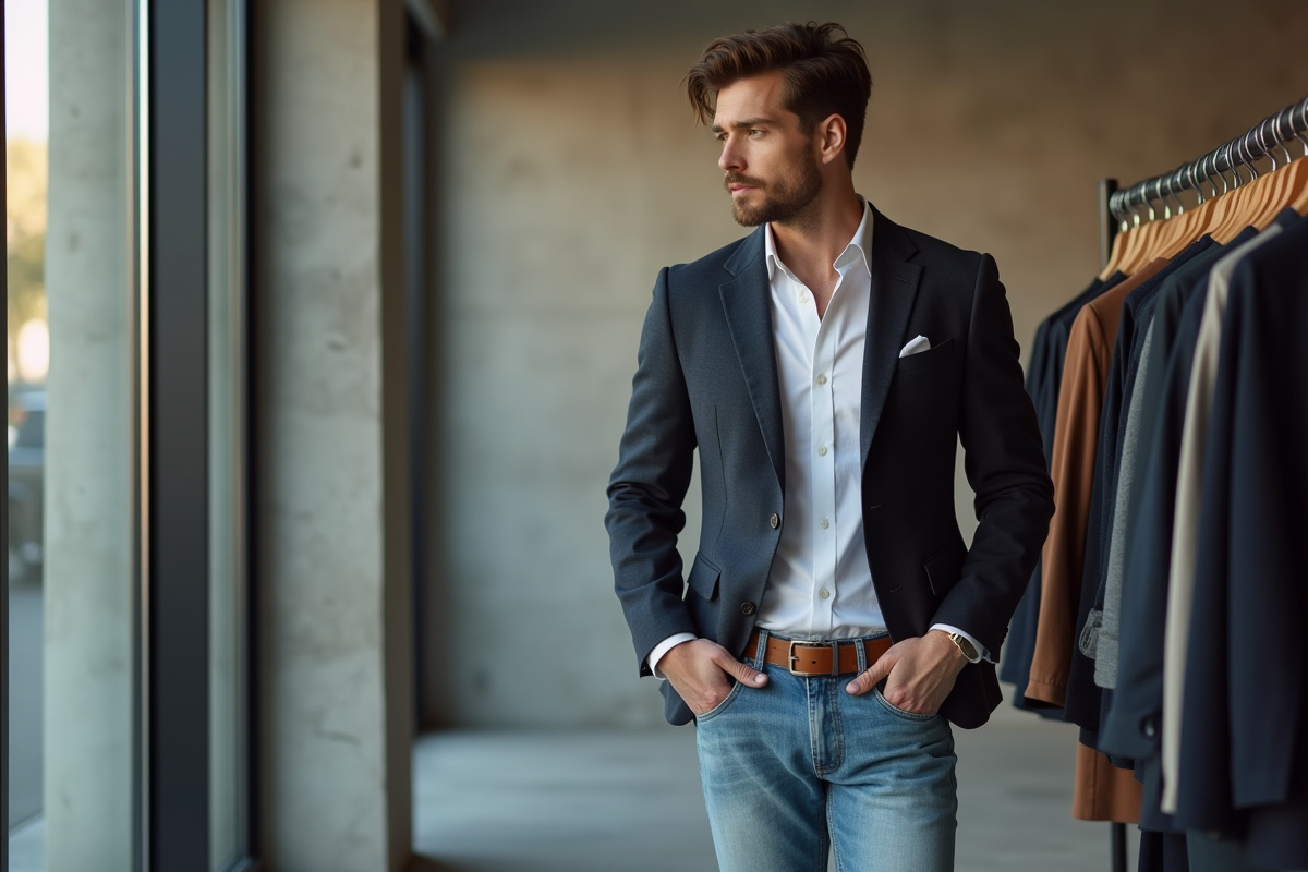 Jeune homme regardant des vêtements dans une boutique moderne