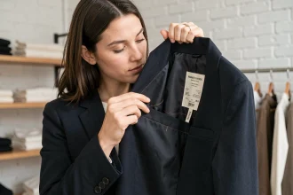 Femme inspectant l'étiquette intérieure et les coutures d'un blazer marine dans une boutique minimaliste pour évaluer la qualité vestimentaire d'une marque inconnue