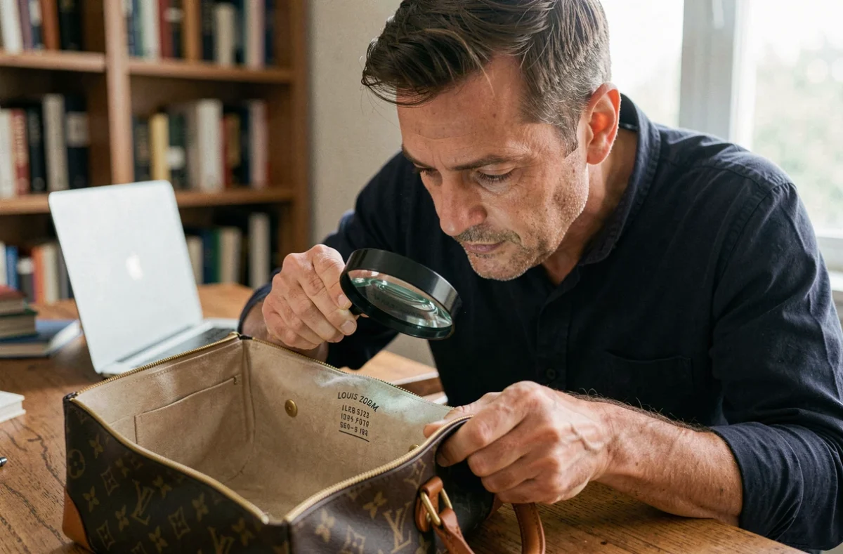 Homme inspectant le numéro de série intérieur d'un sac Louis Vuitton avec une loupe pour authentification