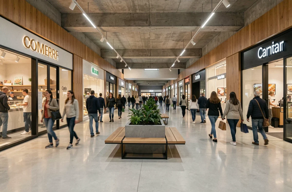 Vue large de l'intérieur animé du centre commercial Montparnasse avec boutiques et visiteurs en plein shopping
