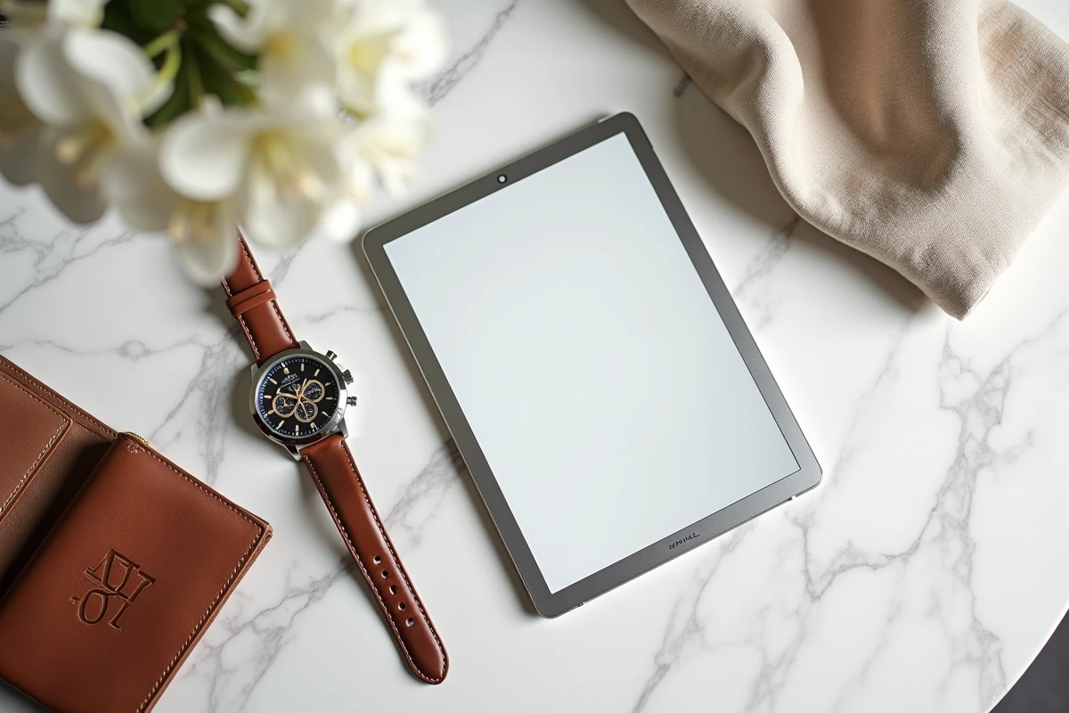 Composition élégante de produits de luxe sur marbre blanc avec une tablette affichant la plateforme Its Luxe Time