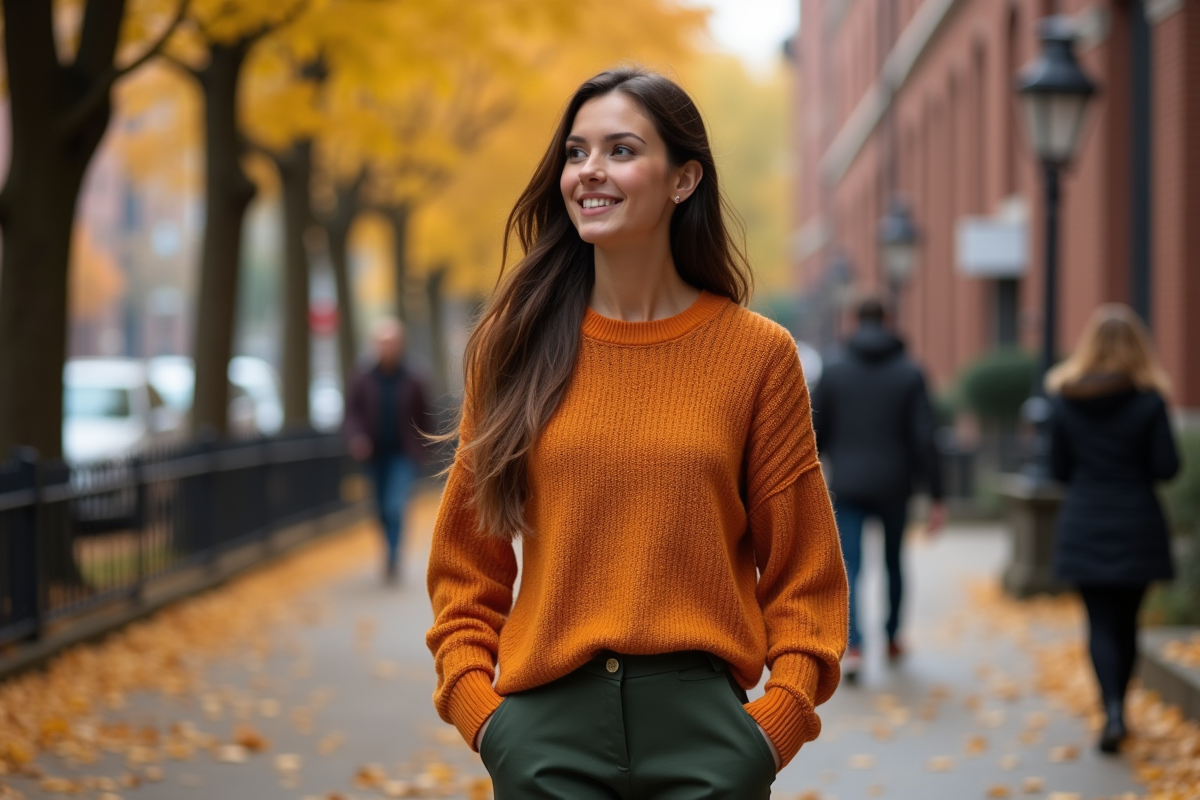 Jeune femme en pull automne marche dans la ville
