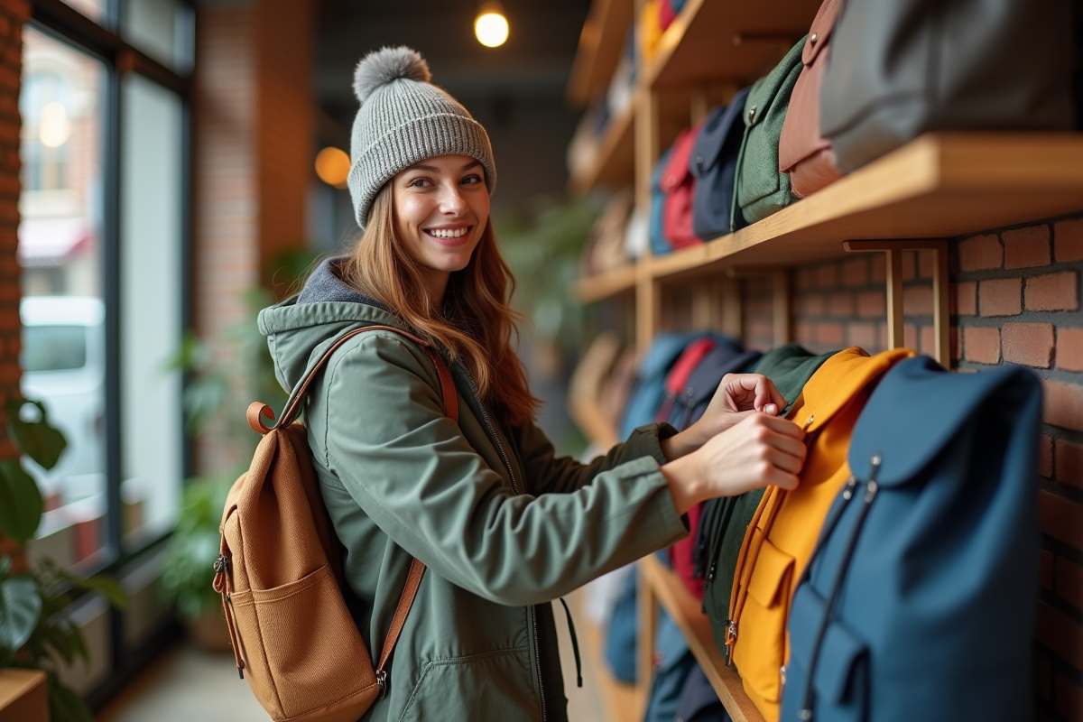 Jeune femme souriante arrangeant sacs colorés dans une boutique