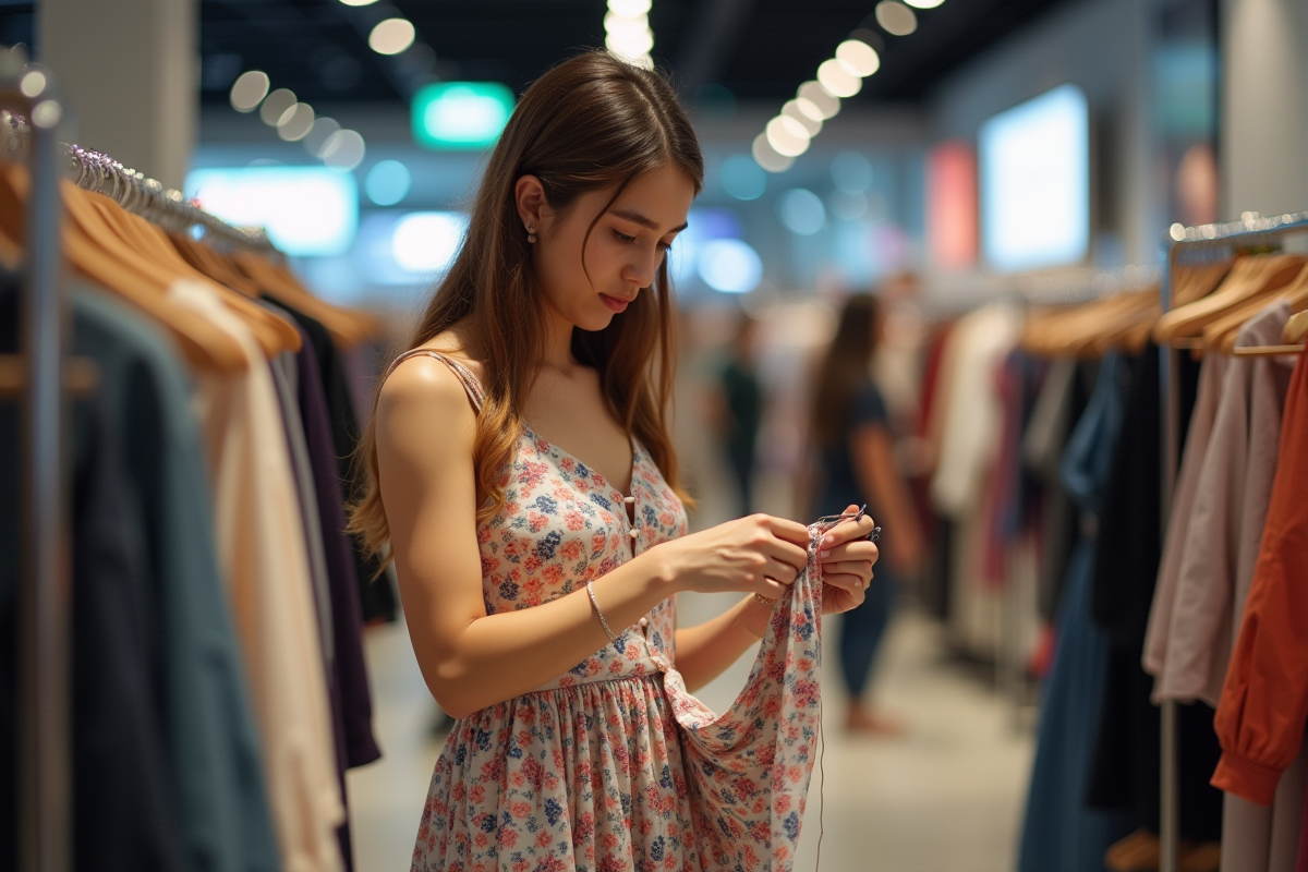 Jeune femme examinant un vêtement dans une boutique de mode