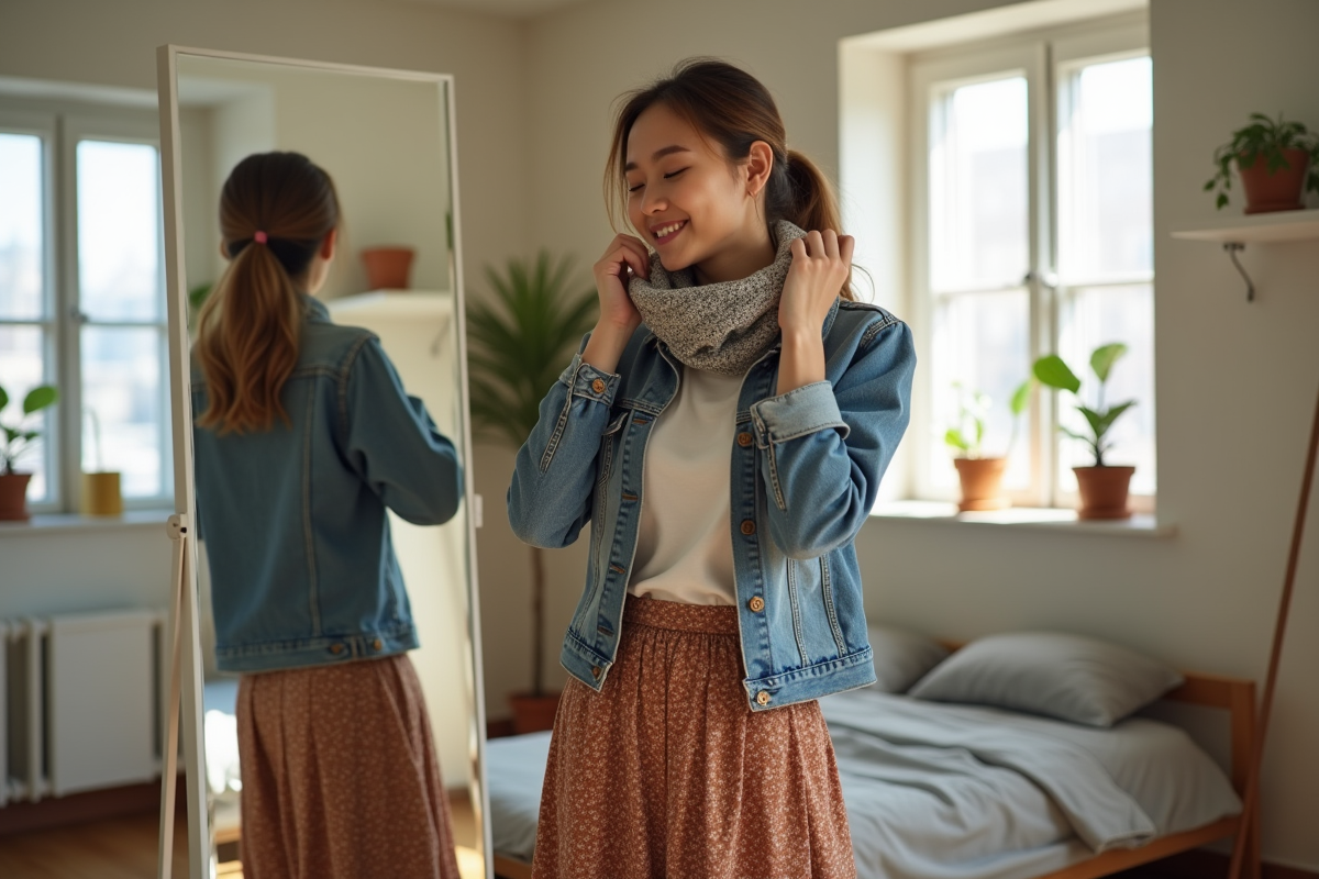 Jeune femme en miroir évaluant sa tenue avec un sourire naturel