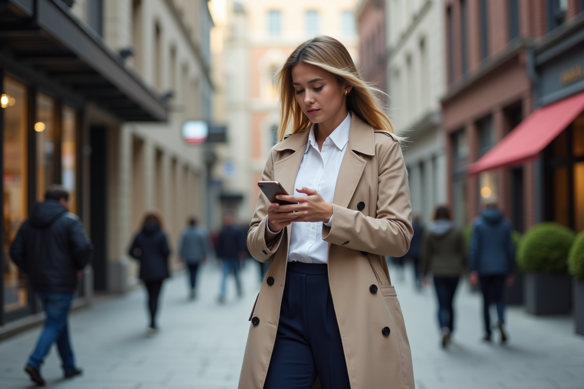 Jeune femme élégante en trench beige dans la ville