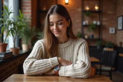 Jeune femme souriante regardant sa montre dans un café chaleureux