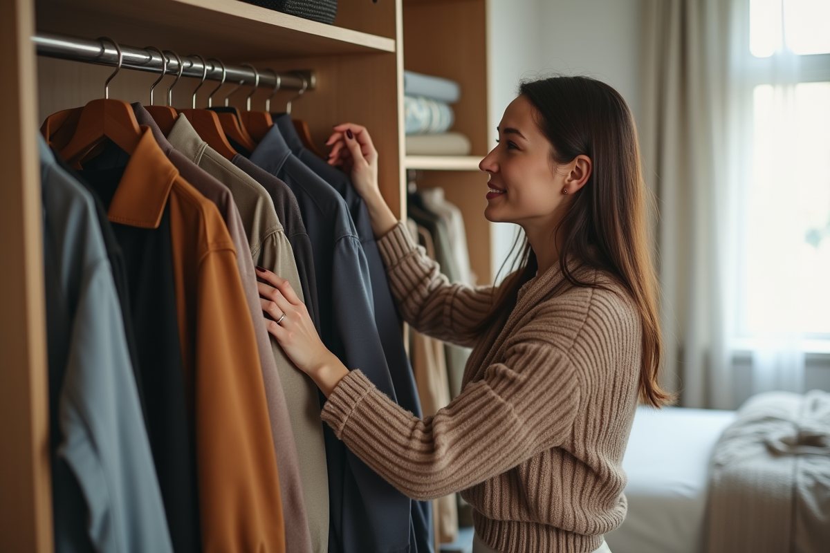 Jeune femme choisissant une tenue dans un placard organisé