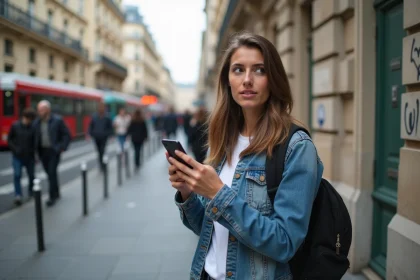 Jeune femme parisienne en denim dans la rue anim&eacute;e